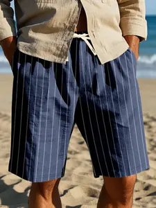Men's Casual Summer Linen Striped Straight Pants, Loose-Fit Gym Shorts Ideal for Home Wear, Lightweight Comfortable Fabric, Athletic Shorts Casual, Casual Sport Shorts