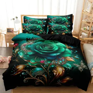 3Pcs Emerald Green & Golden Floral Rose Decorative Bedding Set - Luxury Vintage Floral Print Duvet Cover With 1*Duvet Cover + 2* Pillowcase