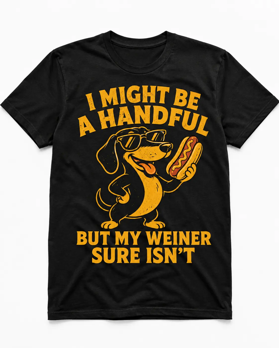 I Might Be A Handful But My Weiner Sure Isn’t Dog Shirt, Funny Wiener Dog Hot Dog Graphic Tee, Dog Lover Humor Black Unisex T-Shirt