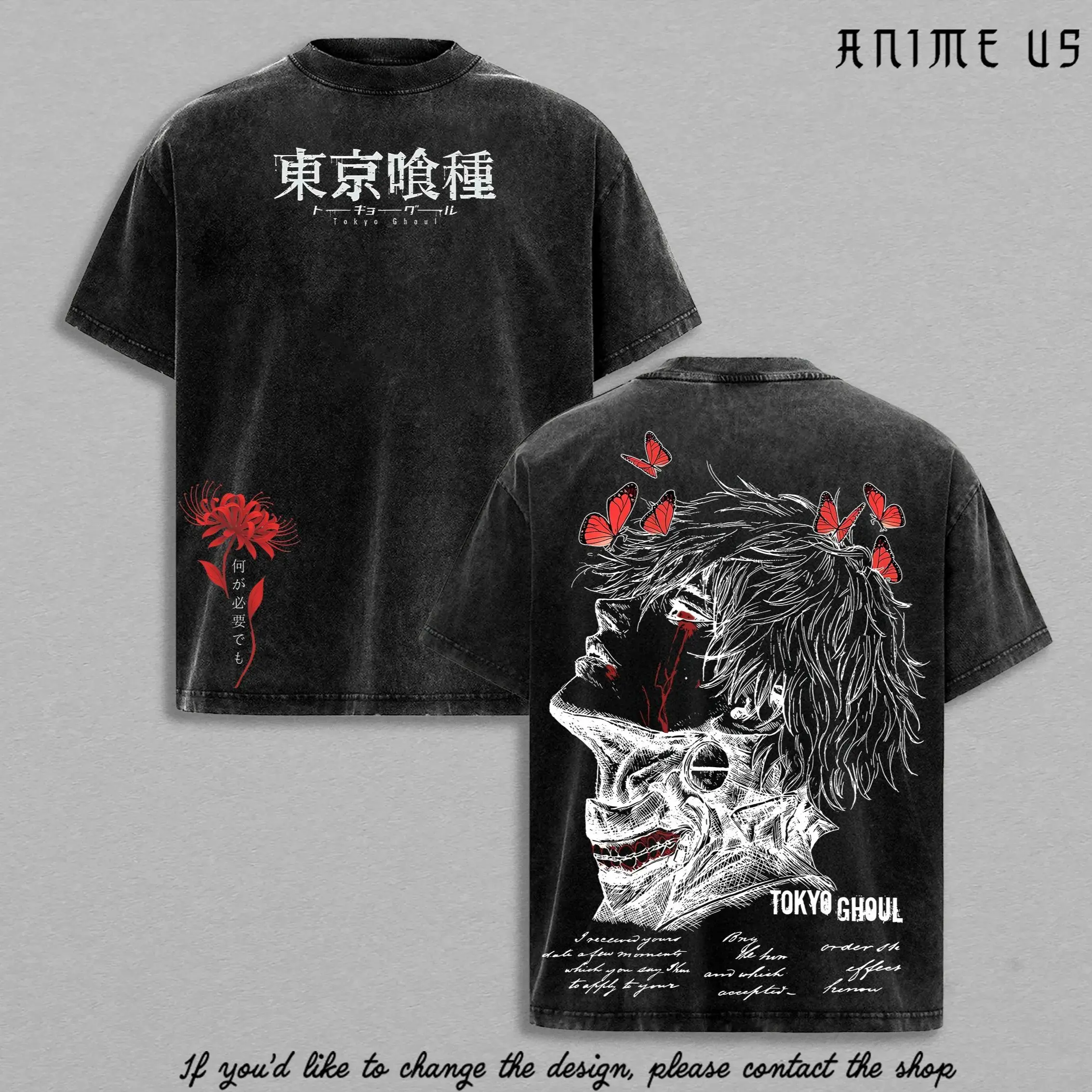 Menswear Tokyo Ghoul Ken Kaneki Classic Short-Sleeve T-Shirt - Vintage Washed Anime Print Tee, Dark Ghoul Design, Oversized Soft Cotton Streetwear, Unisex Casual Gym Apparel, Gift for Anime Fans