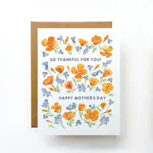 Happy Mother's Day Card So Thankful for Mom Wildflowers Poppies Sweet Watercolor Affirmation mothers day from son, daughter