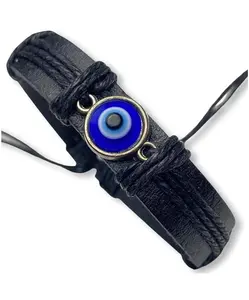Soul Statement Men's Evil Eye Bracelet - Handmade Black Leather Adjustable Wrap with Nazar Charms and Hamsa Hand