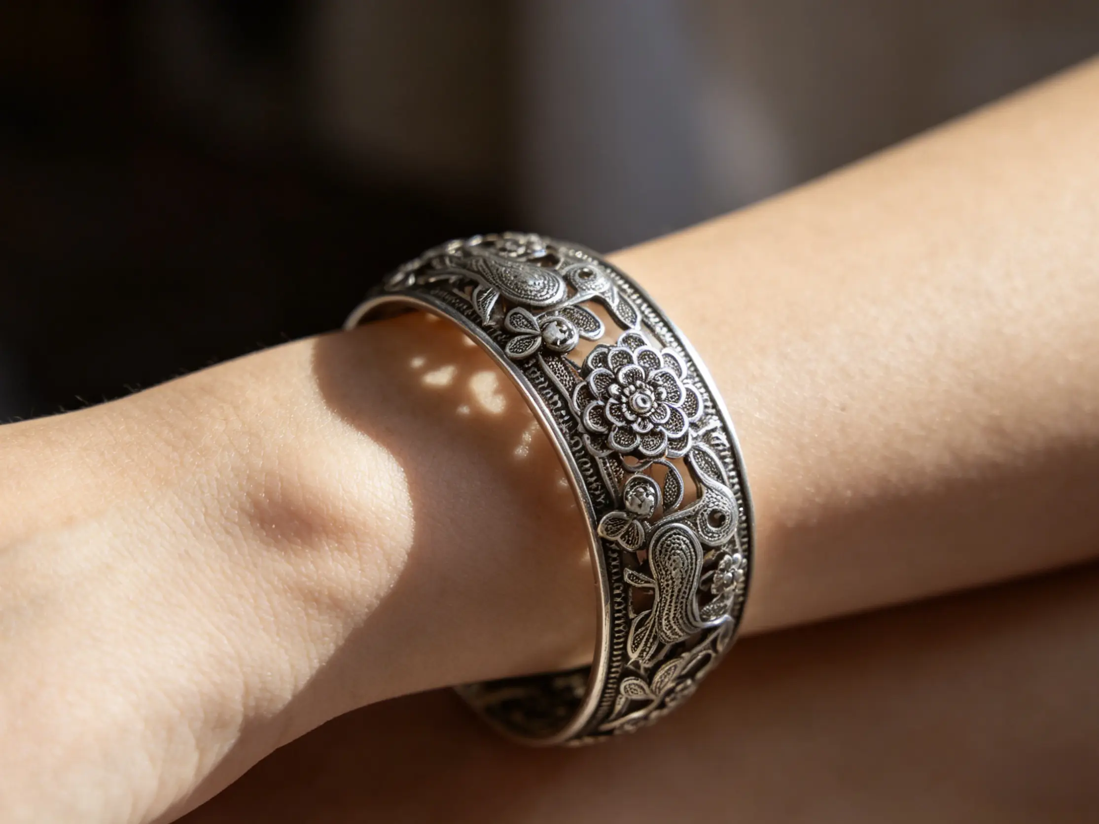 Miao Silver Filigree Bird & Flower Bracelet | Handmade Oxidized Openwork Ethnic Cuff
