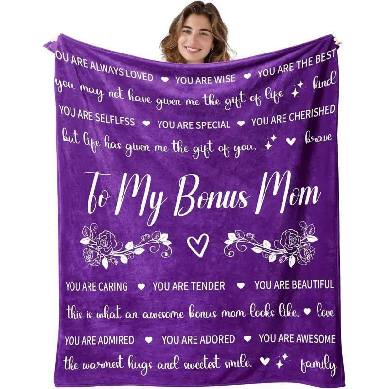 Bonus Mom Blanket Gift for Step Moms for Mothers Day from Daughter Mom in Law Gifts from Son - to My Bonus Mom Purple Blanket for Bed-Birthday for Stepmom 60''x80'', Printed on One Side with a Plain White Back, Halloween Thanksgiving Christmas Gift