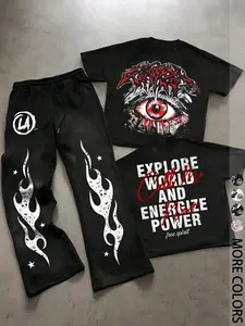 Y2K Cyber Grunge 2-Piece Set: Oversized Graphic Eye Tee & Wide Leg Flame Sweatpants | Edgy Baggy Streetwear for Aesthetic Outfits & Festival Ravers