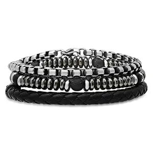 Steel By Design Men's Leather Beaded Bracelet Set