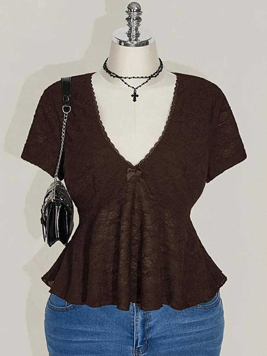 Plus Size Going Out Top V-Neck Lace Trim Babydoll Knit Blouse for Dinner Dates and Concerts