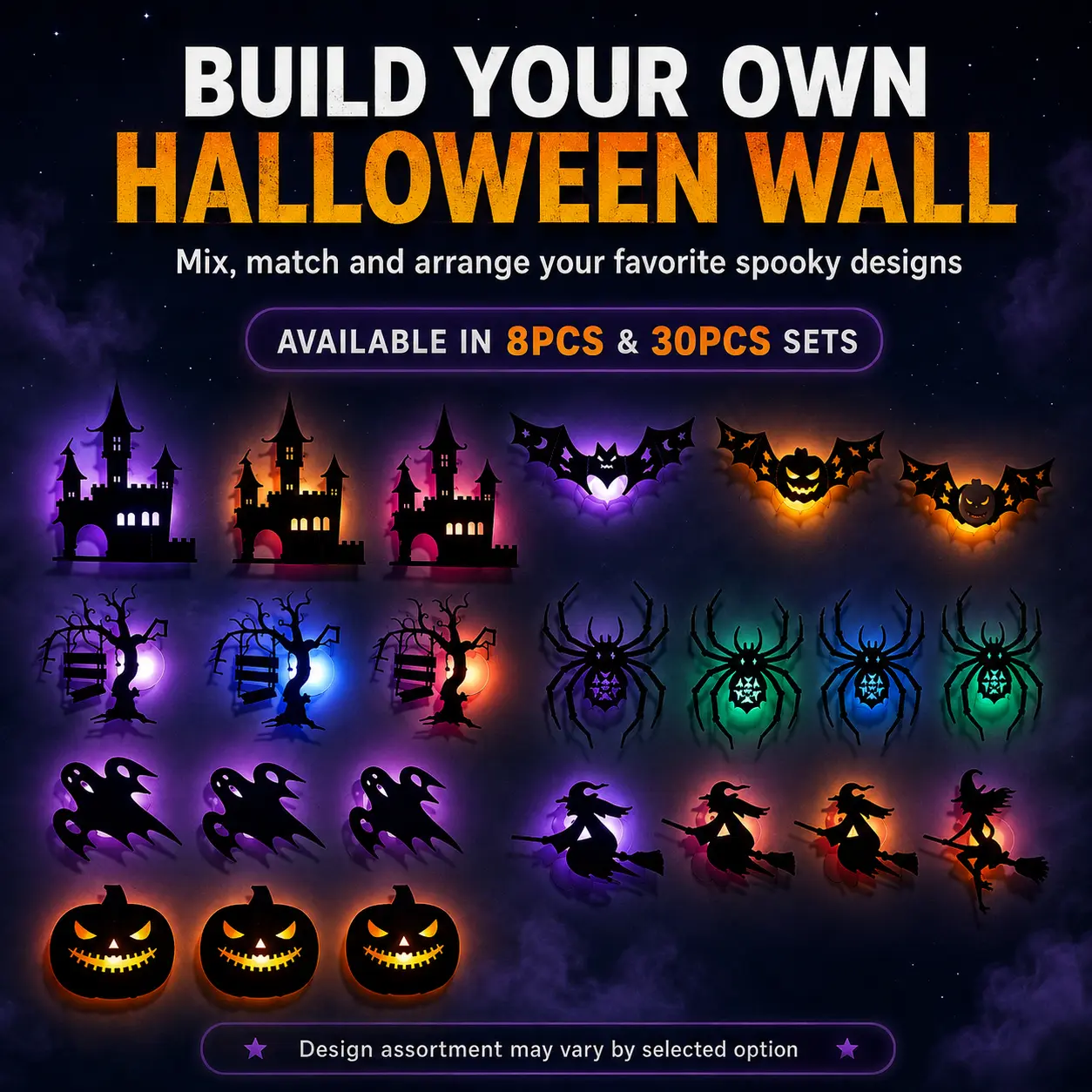 Halloween 3D LED Wall Lights, 8/30PCS Spooky Removable Decorations, Glowing Bat Pumpkin Witch Spider Décor