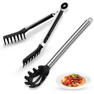 Spaghetti Spoon and Pasta Tong with Grip Teeth and Drain Holes, 2-Piece Non-Stick Silicone Head with Stainless Steel Handle, Heat Resistant Food Grade Utensils for Cooking Serving Salad and Noodles