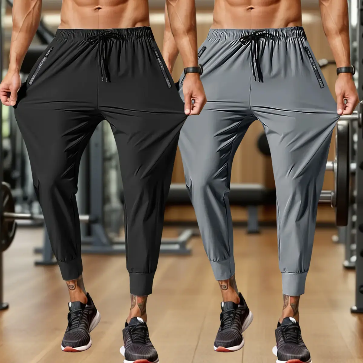 Men's 2-Pack High-Elastic Breathable Material Joggers - Drawstring Waistband, Zipper Pockets - Workout Joggers, Athleisure, Comfy, Performance Pants - Ideal for Gym, Outdoor Running, Breathable Material Jogger