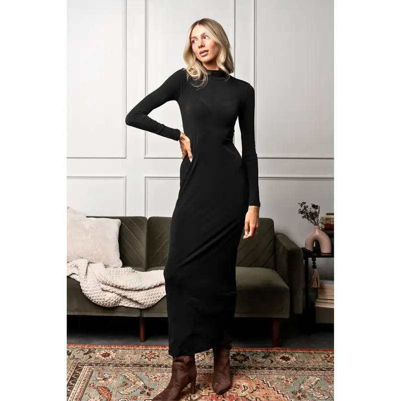green emerald velvet dress Scallop Back Mock Neck Dress Black / S (US 2) main image 0