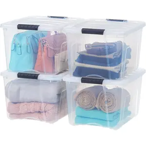 40 Qt Stackable Plastic Storage Bins with Lids 4 Pack BPAFree Made in USA SeeThrough Organizing Solution Latches Durable Nestable Containers Secure Pull Handle Clear