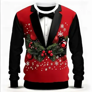 Men's Christmas Merry Christmas Hoodie Long Sleeve Boat Neck 3D Print Party Crew Neck Red & Black Festive Design