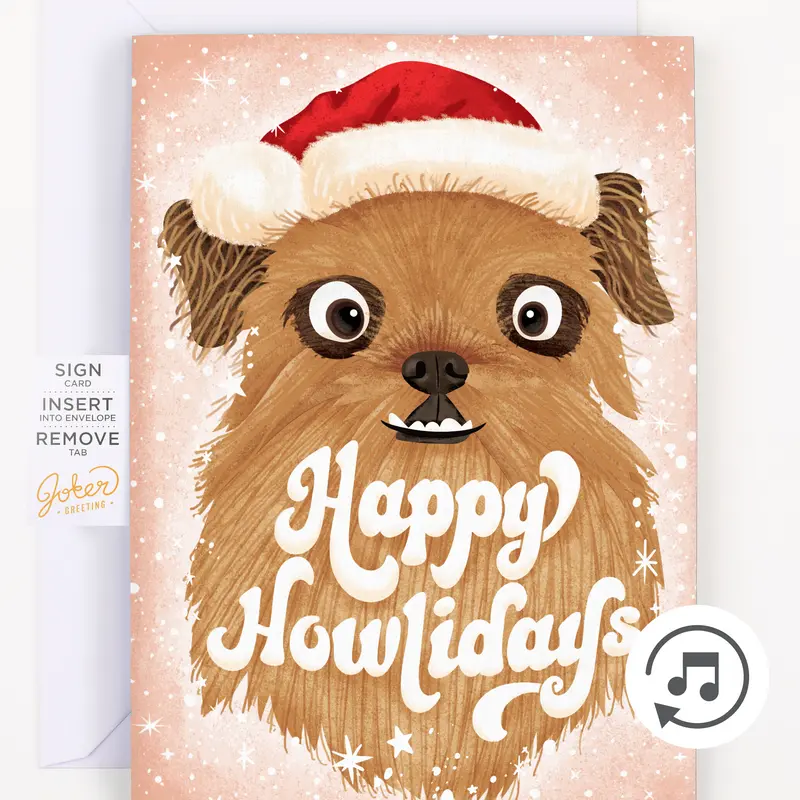 Joker Greeting Cute Glittered Paper Christmas Greeting Card - Battery-Powered Loop Music, Sign-Before-Play Feature, Non-Stop Bark Element, Plain White Envelope, Humorous Holiday Entertainment Gift, Office Stationery Supplies