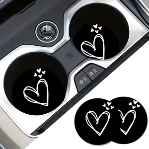2pc Heart Print Car Cup Mats, Absorbent Anti-Splash Easy Washable, Office Home Vehicle Use, Valentine's Day Birthday Gift