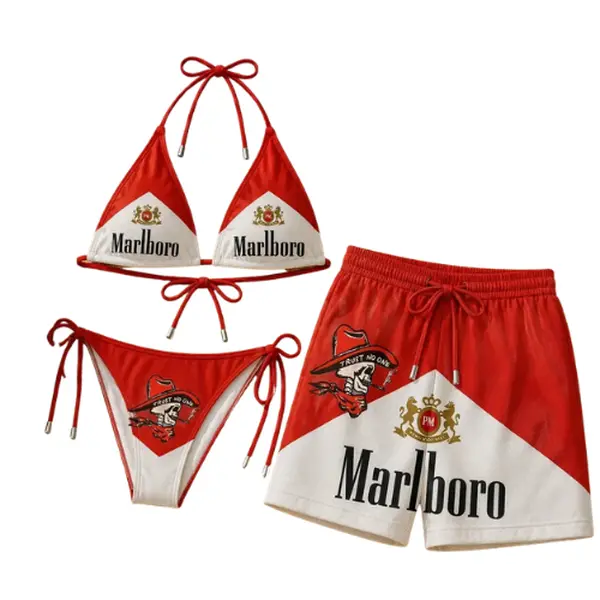 Marlboro Desert Cowboy Print Couple Beachwear - Women’s Bikini Set, Men’s Swim Shorts, Vintage Western Aesthetic, Bold Graphic Summer Vacation Swimwear