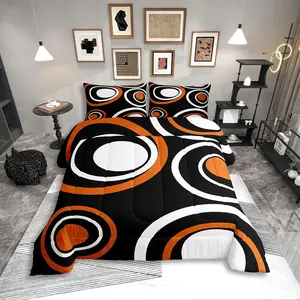 Orange Black Abstract Bedding Set for Adult Women Men Modern Striped Circles Comforter Set,Boho Geometric Art Aesthetic Quilt Set