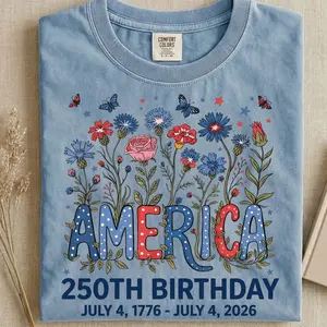 USA 250 Years Floral Independence Day Shirt, 4th of July 2026 Patriotic America Birthday T-Shirt, Vintage USA Celebration Tee for Men and Women