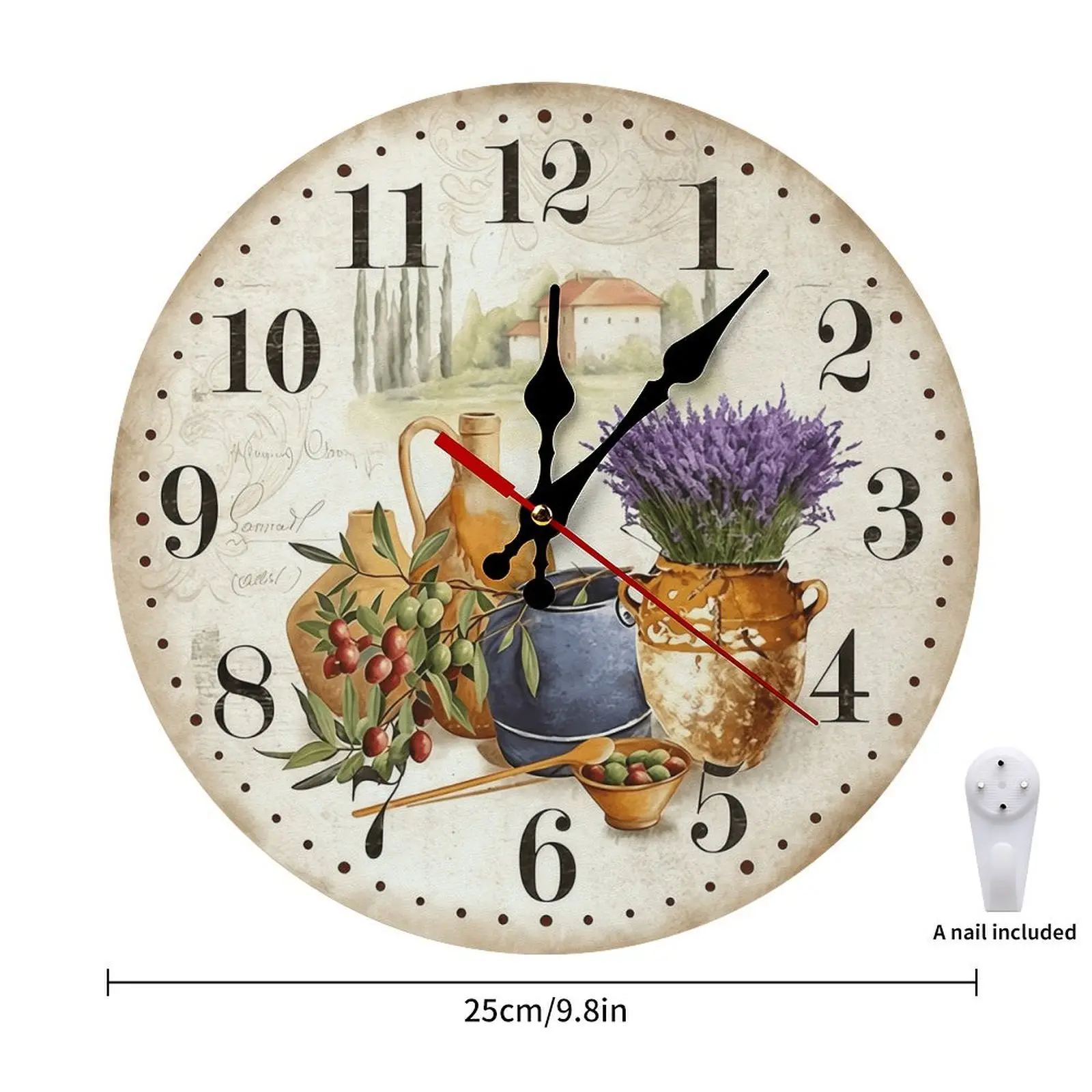 10-In Round Wood French Country Lavender Olive Analog Wall Clock - Vintage Tuscan, Silent, Easy Assembly, Battery-Powered, Wall-Mountable, Aged Parchment Background, Home Decor, Room Decor, Home Supplies, Wall Mount