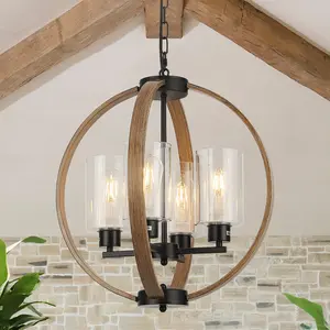 Farmhouse Bronze Chandelier Light Fixture, 18in Rustic Dining Room Chandeliers with Glass Shade 4-Light Globe Lighting Fixtures Retro Pendant Lamp for Kitchen Island Entrance Living Room