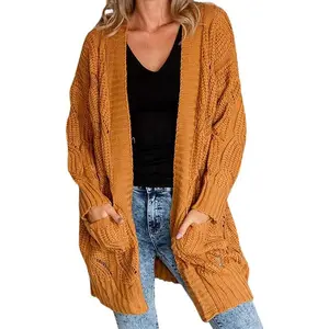 Women's Cardigan Sweaters Long Sleeve Plus Size Solid Cable Knit Open Front Outerwear with Pockets Tops Casual