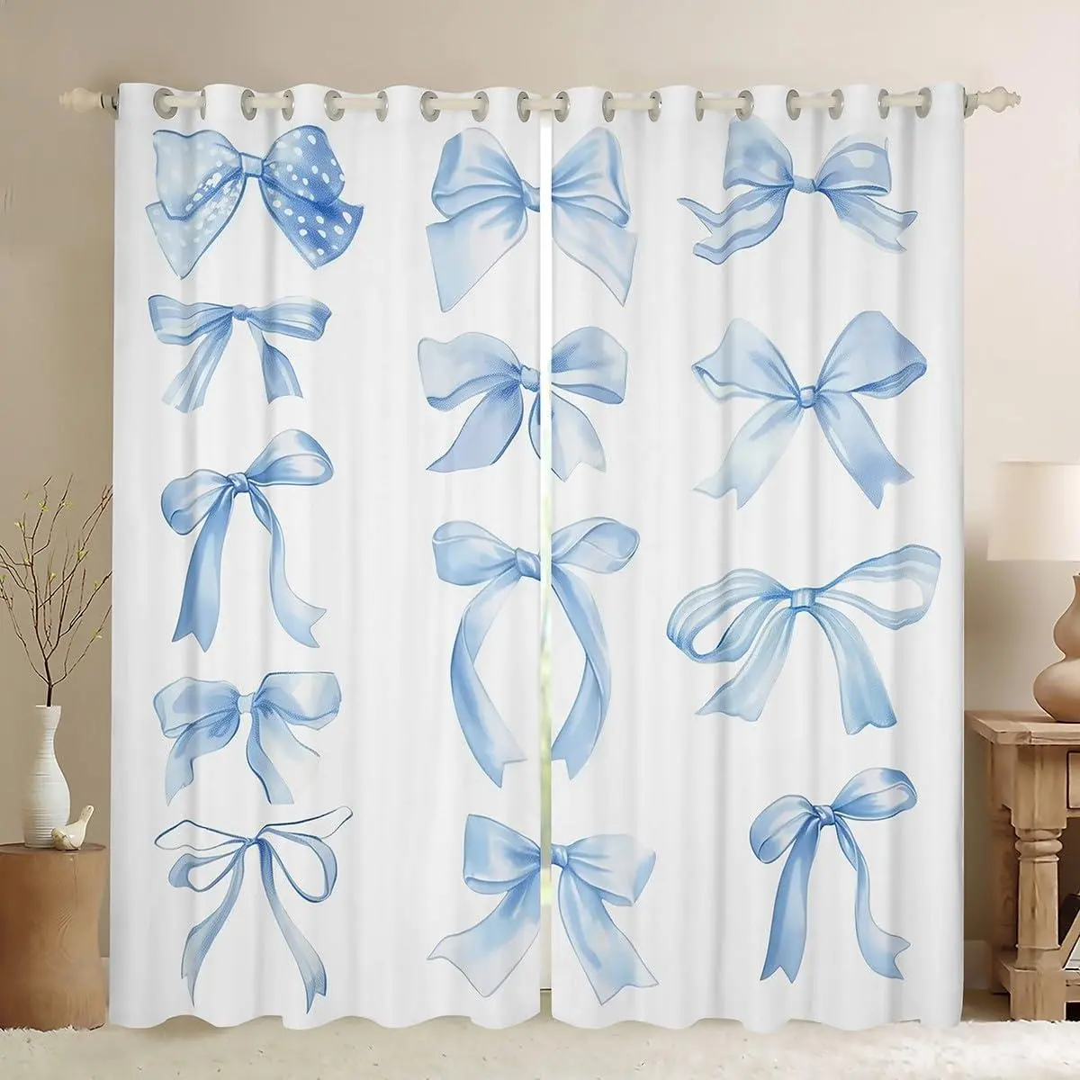 Bowknot Curtains for Bedroom Living Room (2 Panels ) Watercolor Bow Blackout Curtain Cartoon Bowknot Darkening Drapes Dreamy Princess Style Window Treatments Sky Blue