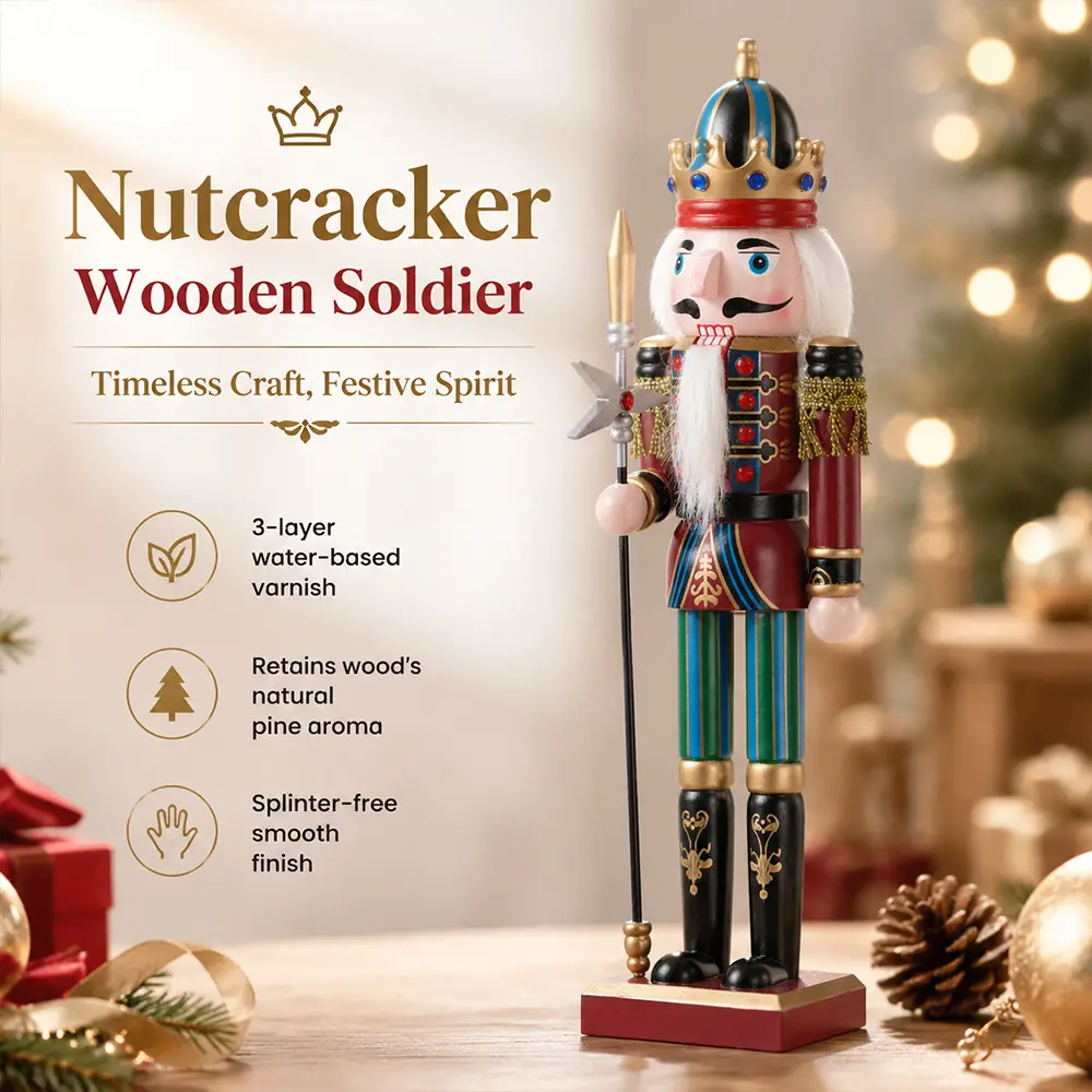 30cm Standing Wooden Nutcracker Soldier Figurine - Smooth, Hand-Painted, with Spear & Jeweled Crown, Classic Christmas Ornament, Traditional Xmas Tabletop Decoration, Holiday Collectible Gift