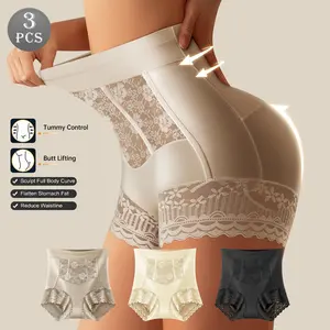 QUASTI Women's High-Waist 3-Piece Breathable Microfiber Knit Boyshorts, Trim Lace Patchwork Tummy Control Hip-Lifting Underwear, High Elasticity Basic Briefs for Daily Wear (S-XXL, Mix Colors)