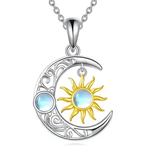 Sun And Moon Necklace 925 Sterling Silver Crescent Pendant Necklace Moonstone Jewelry Gifts For Women Mother's Day Father's Day