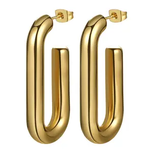 OIDEA 2 Pairs Square Paperclip Hoop Earrings Set 316L Stainless Steel 18K Gold Plated Chunky Rectangle Hoops for Women