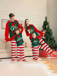 Two-Piece Christmas Family Set, Cartoon Hat Letter Print Top, Striped Pants, Casual Fitted Pajamas for Men Women Kids
