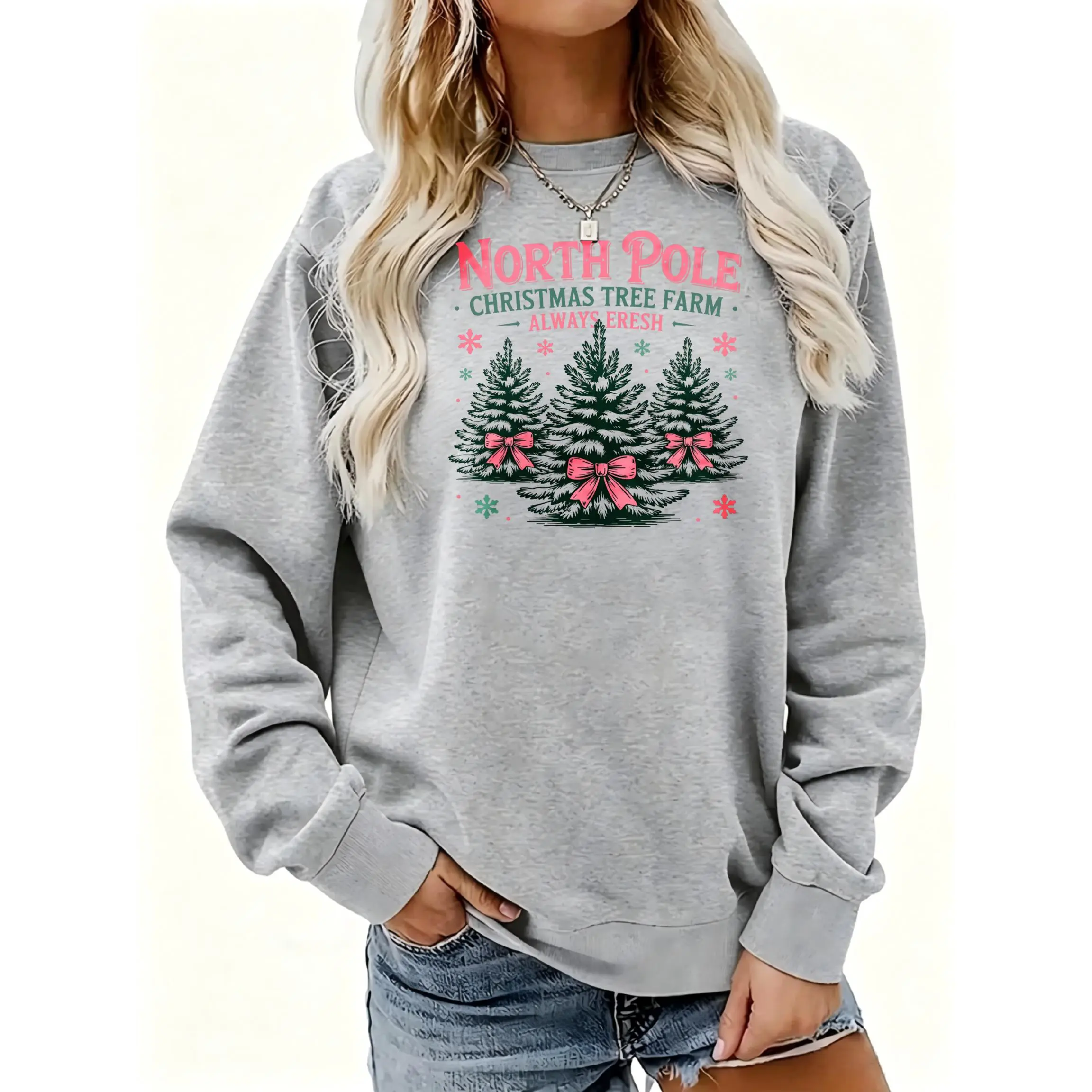Women's North Pole Christmas Tree Farm Crewneck Sweatshirt | Soft Stretchy Long Sleeve Pullover | Cozy Fall Layering Essential For Casual Daily, Office & Streetwear Looks