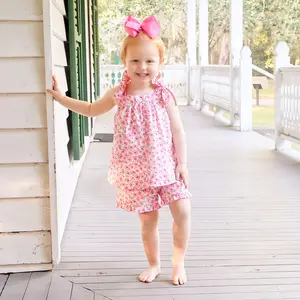 Classic Whimsy Floral Escape Amy Short Set - Pink Floral Print Top with Gingham Tie Straps & Matching Shorts for Spring