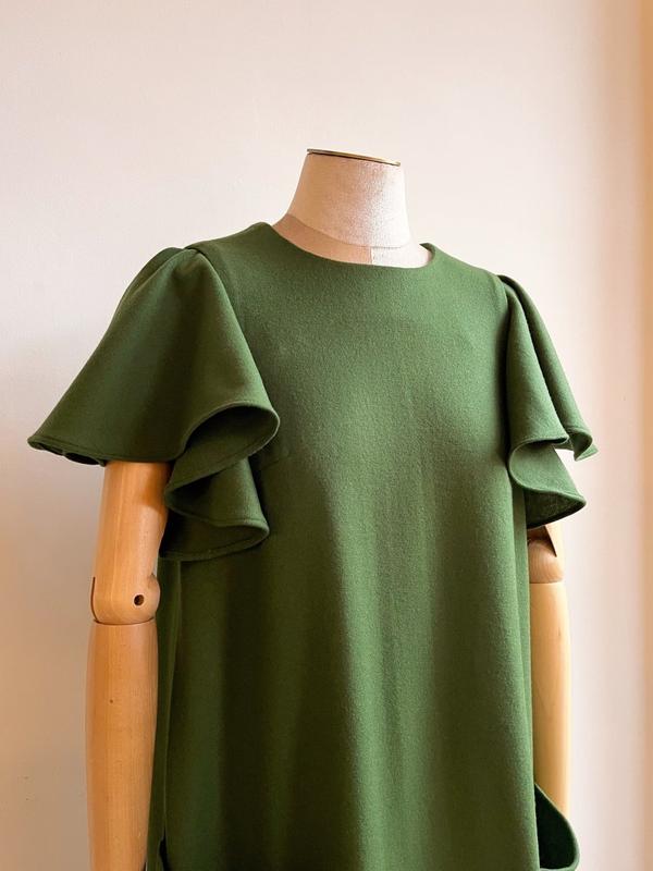 Green Wool Chore Dress with Flutter Sleeve and Patch Pockets