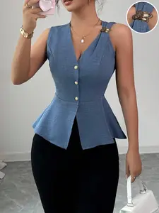 Women's Solid Color V-Neck Sleeveless Blouse Top, Metal Buckle Detail, Peplum Hem, Waist-Flattering Cut, Breathable Fabric, Office & Casual Summer Wear, Elegant Tailored Style，1 Piece