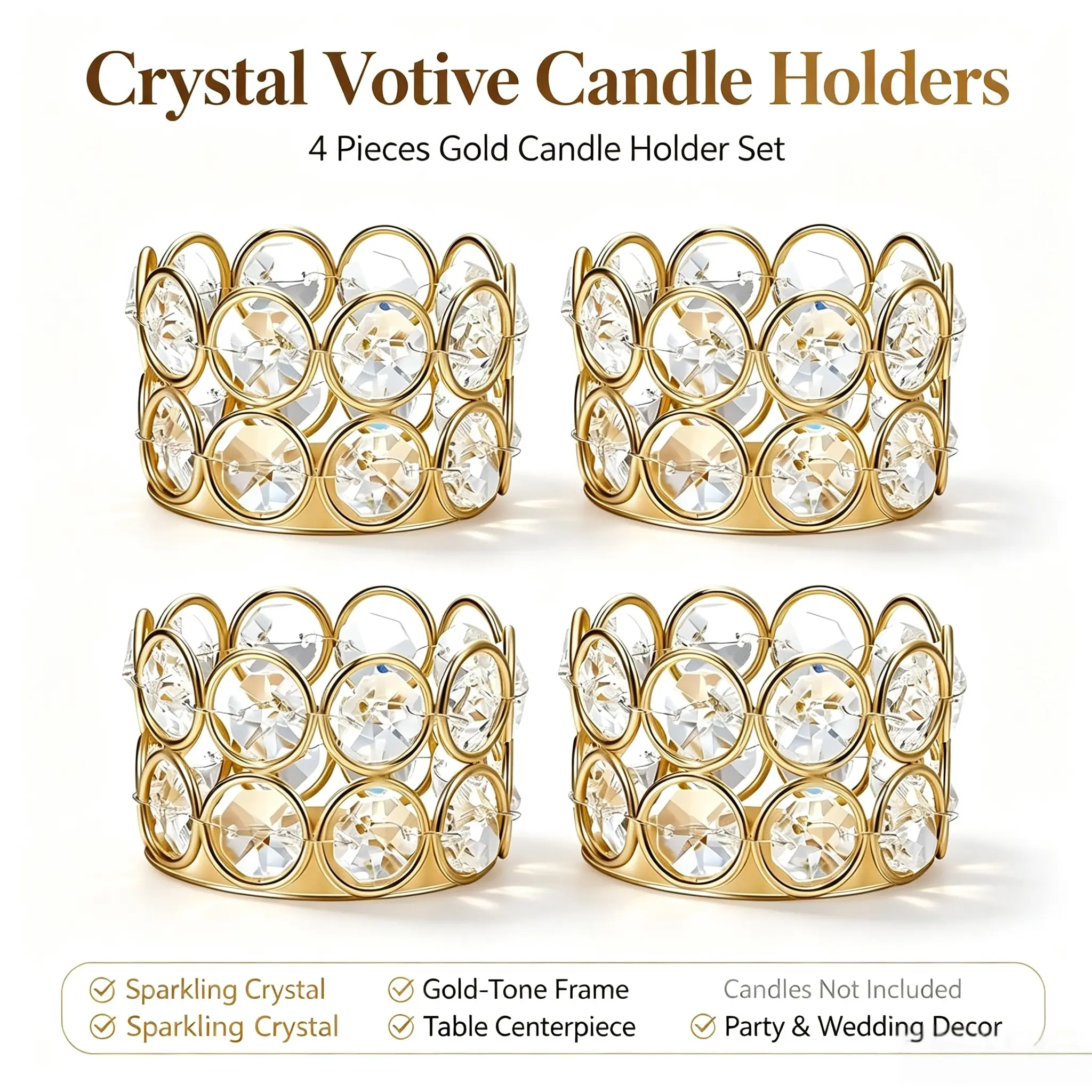 4Pcs Luxury Gold Crystal Accents Metal Votive Candle Holder Centerpieces - Elegant Home Decor Table Centerpieces for Wedding, Banquet (Candles Not Included), Luxury Candleholder