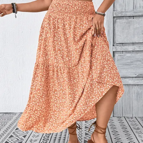 Plus Size Women's A-Line Skirt, Chic Boho Style, Waist Tie-In Design, Side Pocket, Ditsy Floral & Solid Color, Long Loose Fit, Casual All-Season Wear