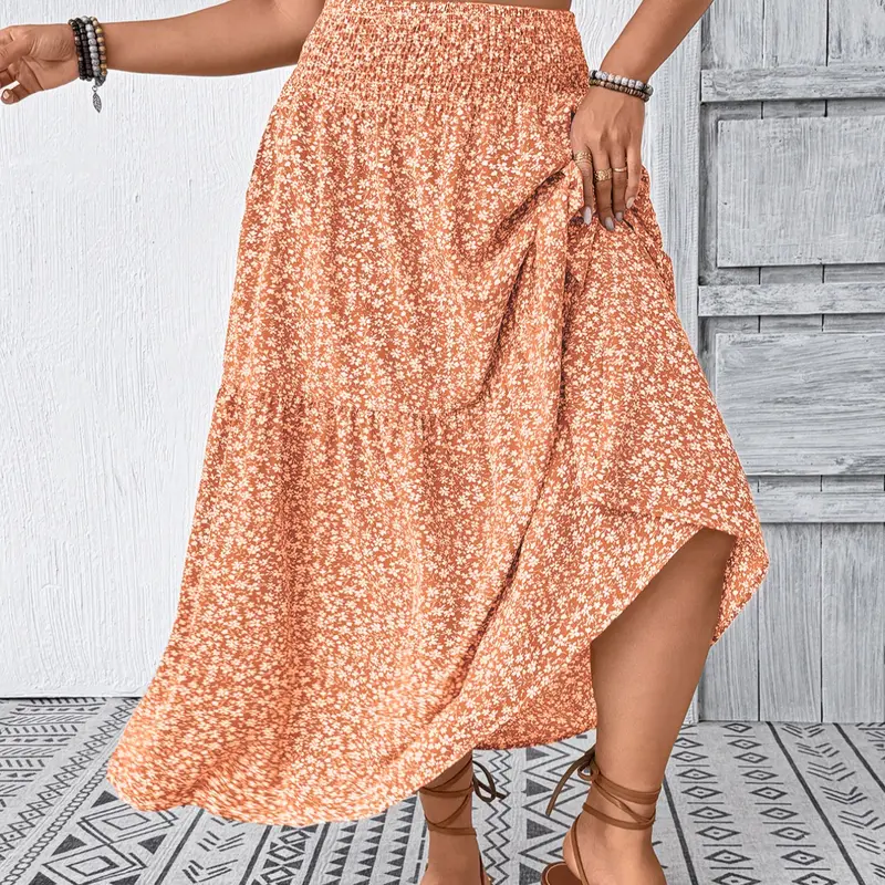 Plus Size Women's A-Line Skirt, Chic Boho Style, Waist Tie-In Design, Side Pocket, Ditsy Floral & Solid Color, Long Loose Fit, Casual All-Season Wear