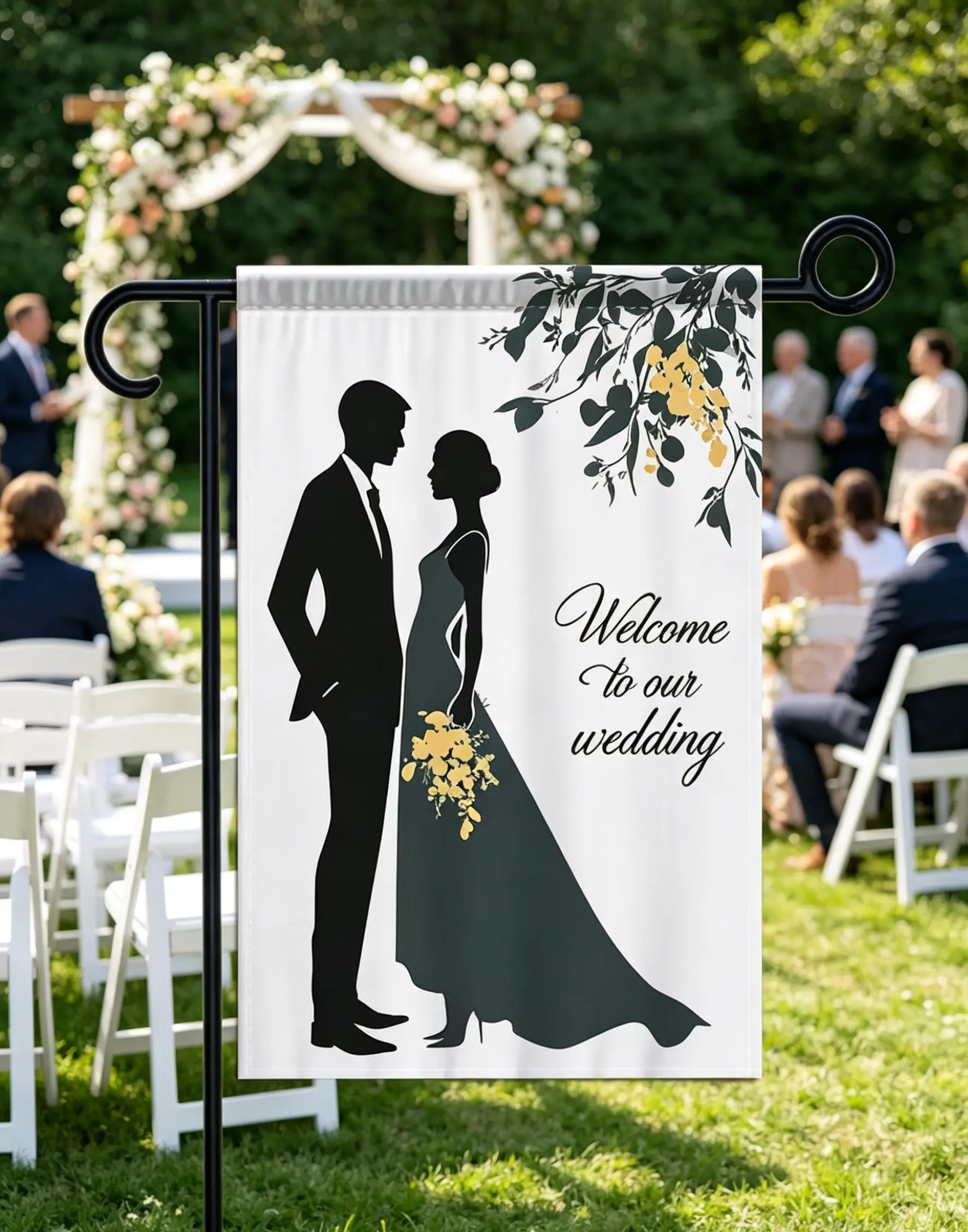 Welcome to Our Wedding Garden Flag - Minimalist Bride & Groom Silhouette Yard Sign for Outdoor Wedding Ceremony Decor