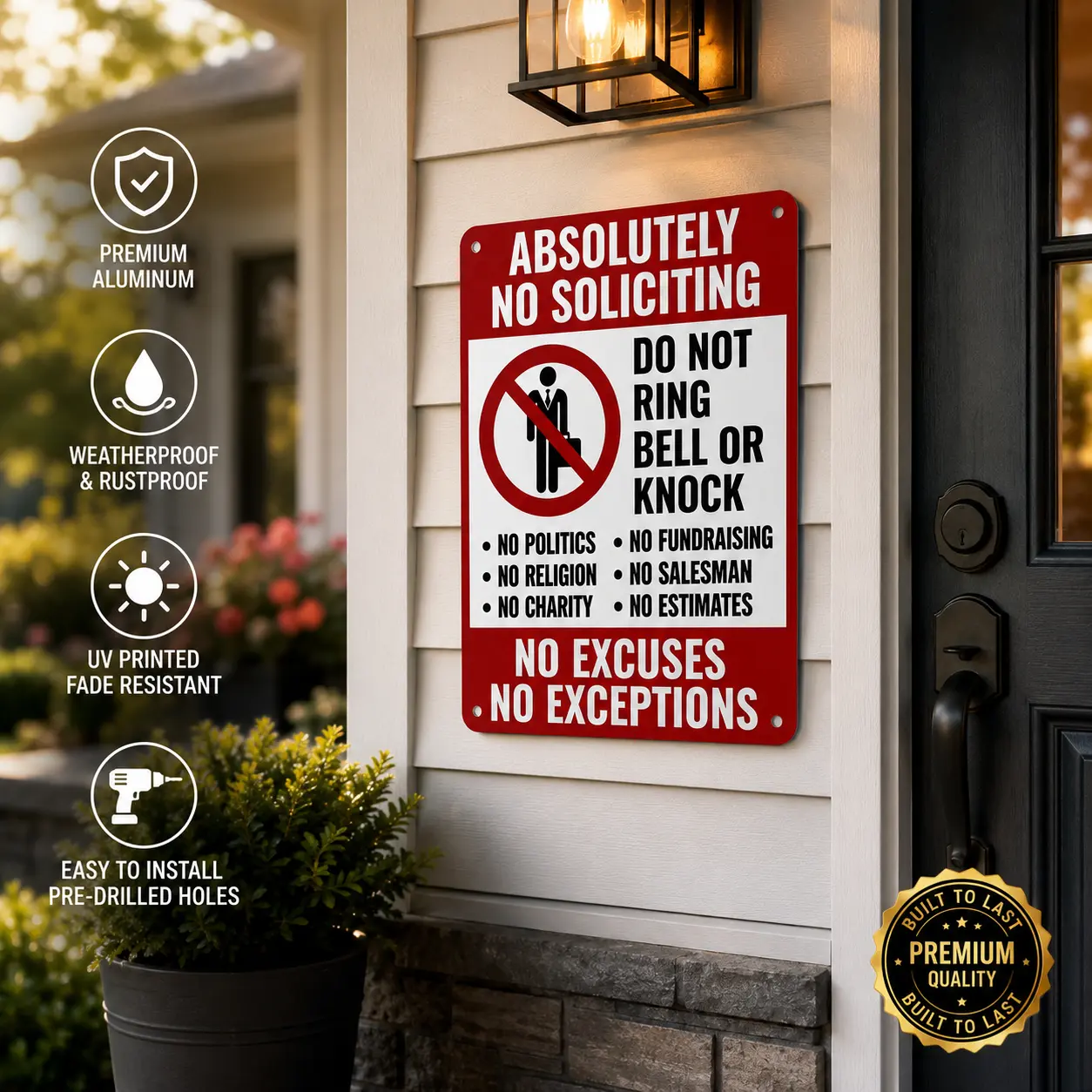 Absolutely No Soliciting Metal Sign – Do Not Knock or Ring Doorbell, Funny Front Door Sign, No Salesman, No Fundraising, Weatherproof Aluminum Door Sign for Home, Porch & Office, 8x12 Inch