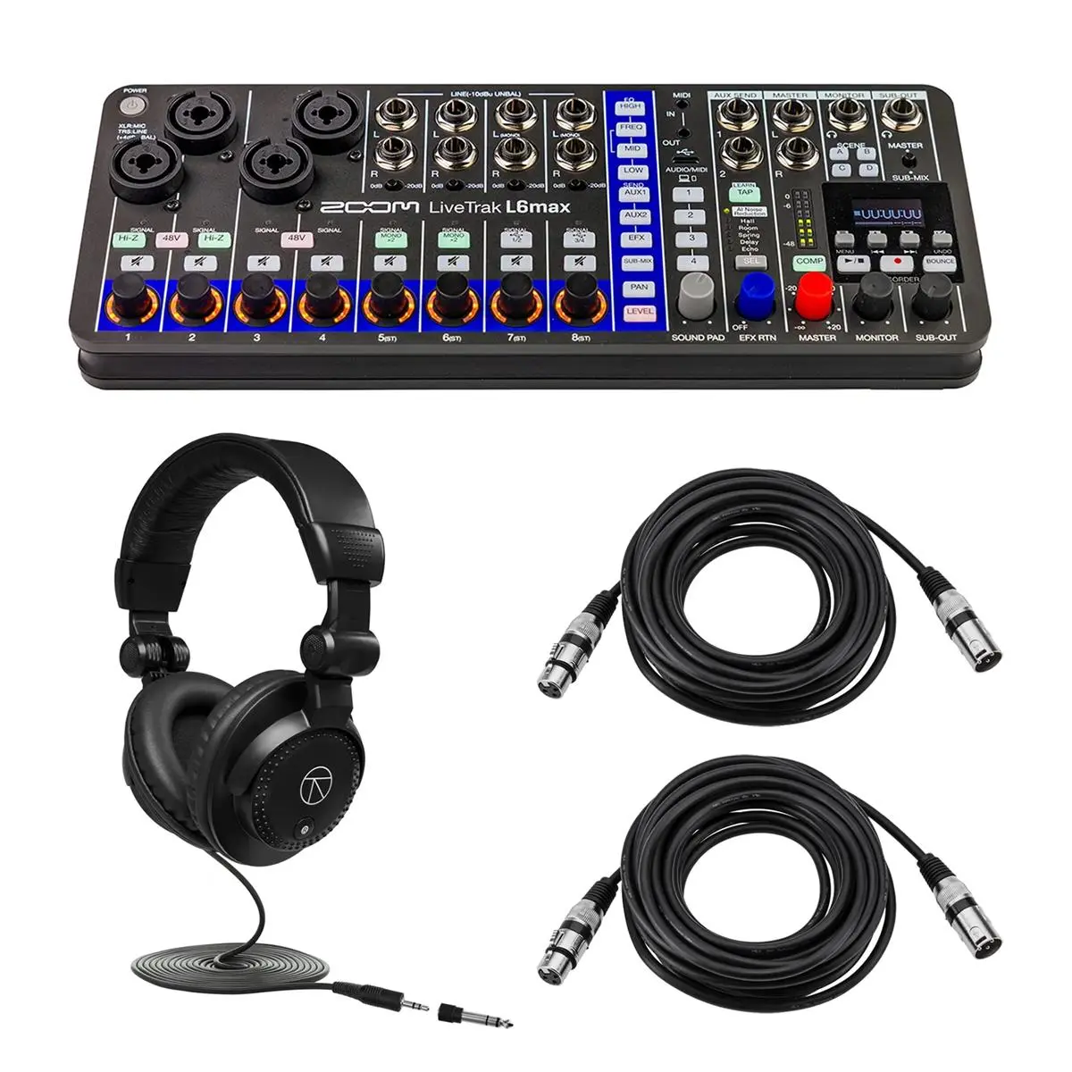 Zoom LiveTrak L6max 12-Channel Portable Digital Mixer and Recorder, Bundle with TAPH100 Headphones and 25' XLR Cable
