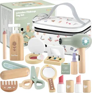 Wooden Makeup Toy Set for Toddlers 3-8,GAGAKU  Pretend Play Makeup Kit with 16 Realistic Accessories Including Lipstick, Perfume & Mirror, Ideal Kids Dress-Up Gift for Girls Ages 3-5