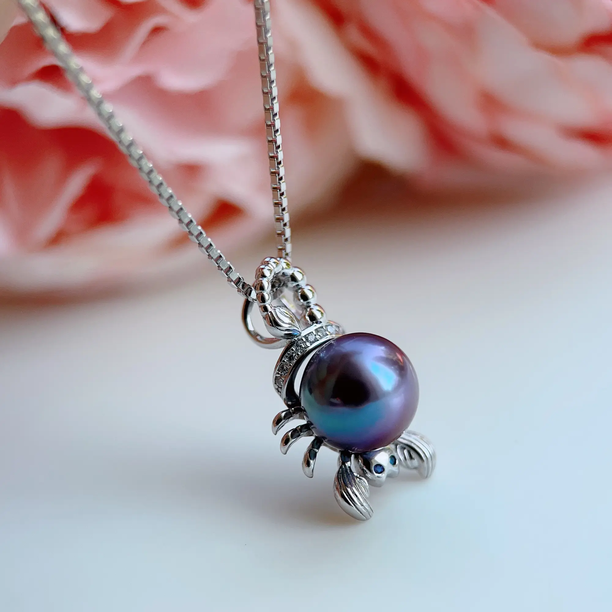 Piswency Genuine Purple Freshwater Pearl Scorpion Necklace, Round Purple Blue Luster Pearl 925 Sterling Silver Pendant, Gift for Her