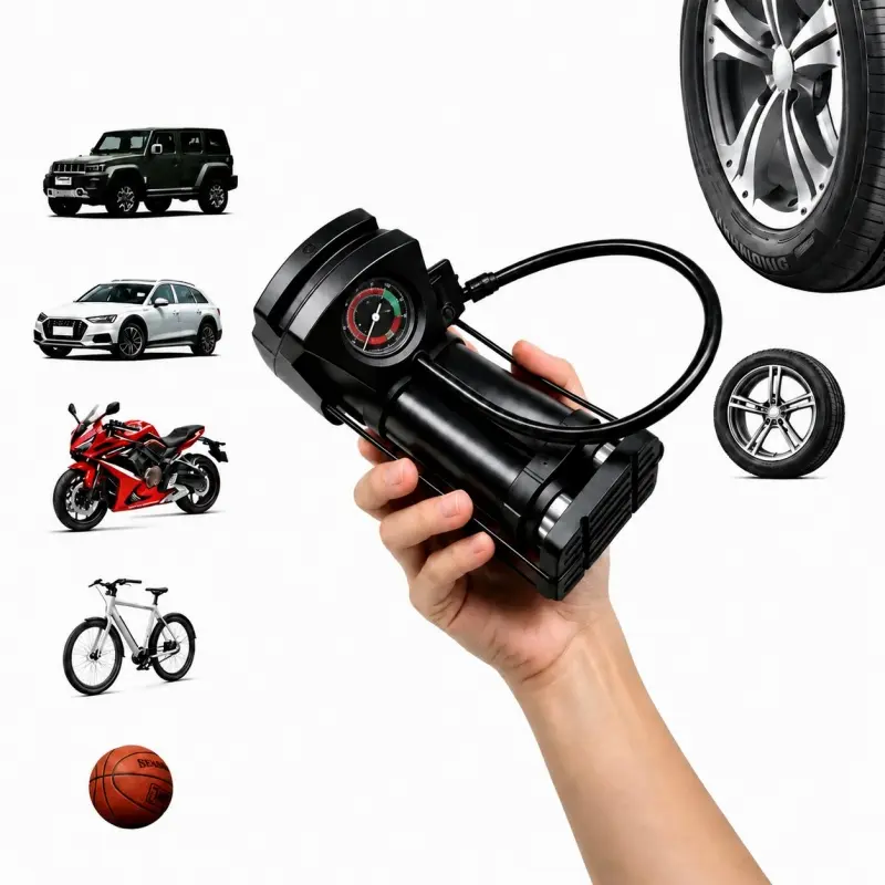Twin-Cylinder Foot Air Pump for Car & Motorcycle Tire Repair, Bicycle Accessory with Compact Design, Built-In Gauge, Fast Inflation for Mountain Bikes, Camping Gear, Basketballs, Soccer Balls