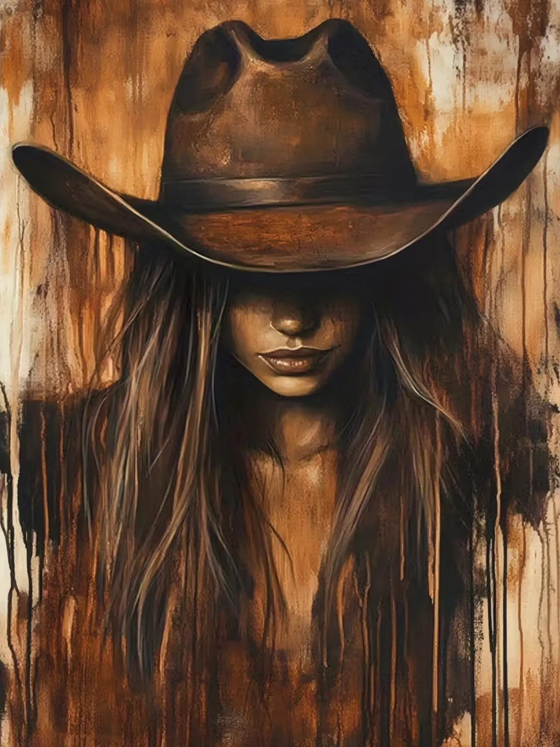 5D Diamond Painting Kit Vintage Sepia Western Cowgirl Wide Brim Leather Hat Long Hair Drip Paint Country Portrait Crystal Rhinestone Wall Decor Gift