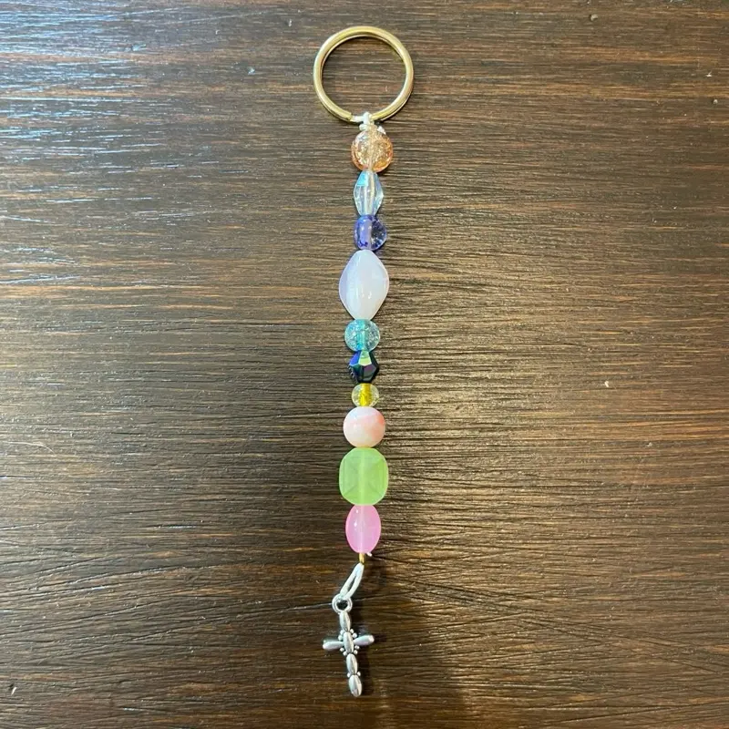 Rainbow Beaded Keychain with Cross Charm