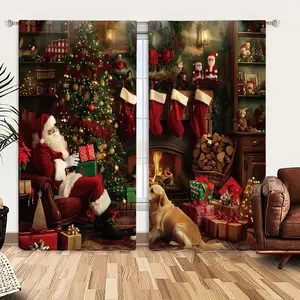 2Pcs Christmas Santa Claus Fireplace Curtains, Festive Holiday Window Drapes with Dog Decor, Xmas Stocking Printed Treatment for Living Room Bedroom Kitchen Home, Red Green Gold