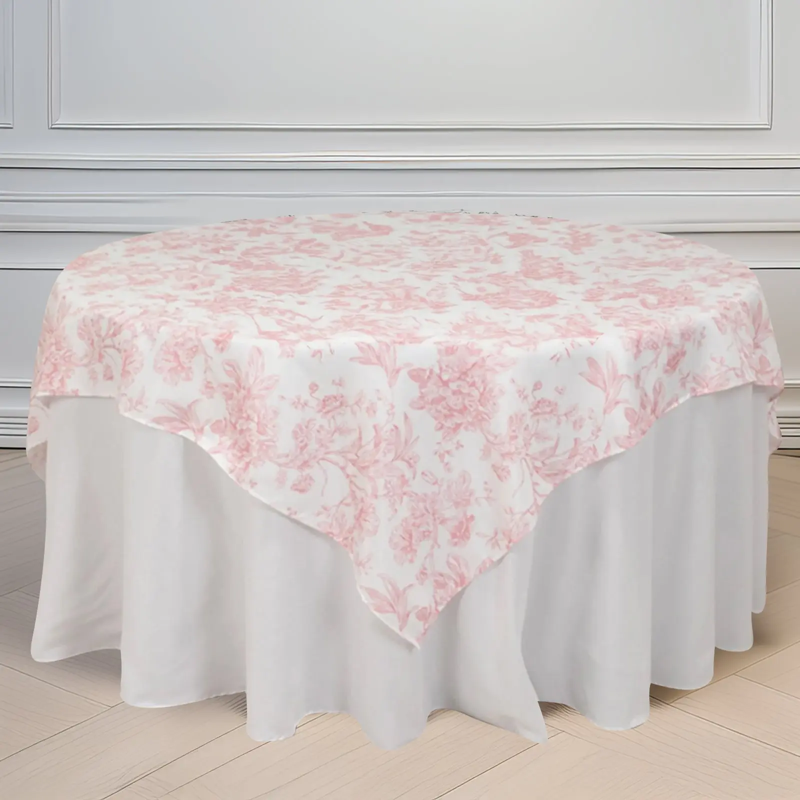 70x70in Polyester Square Table Overlay - White with Pink French Toile Print, Machine Washable Sophisticated Table Topper for Wedding, Party Decorations