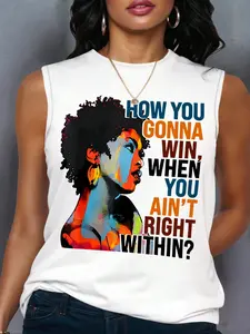 Women's Summer Casual Loose-Fitting Tank Top with Letter and Woman Portrait Print, Soft and Comfortable Home Essential
