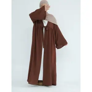 Women's Solid Color Tie Front Open Front Abaya, Modest Casual Long Sleeve Robe for Daily Wear, Ladies Islamic Clothing for All Seasons
